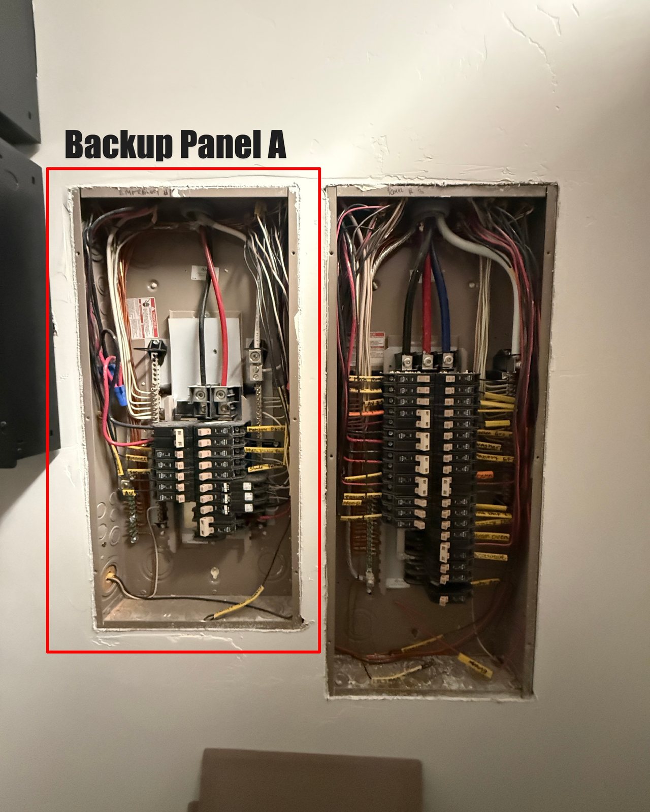 Backup Panel A, in the server and storage room, with the backed-up section outlined in red